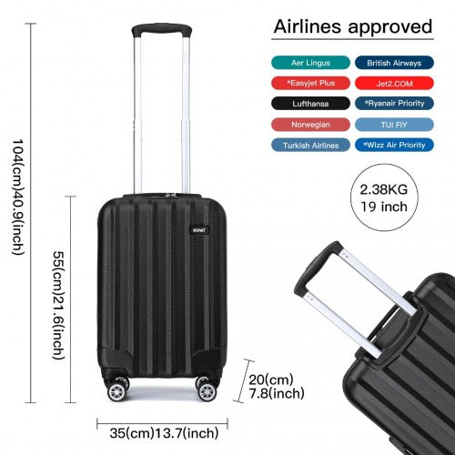 K1773-1L - Kono 19/24/28 Inch 3 Piece Set Striped ABS+PC Hard Shell Luggage with 360-Degree Spinner Wheels - Black