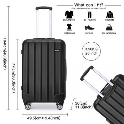 K1773-1L - Kono 19/24/28 Inch 3 Piece Set Striped ABS+PC Hard Shell Luggage with 360-Degree Spinner Wheels - Black