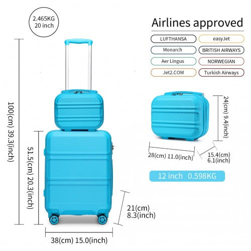 K1871-1L - Kono ABS 4 Wheel Suitcase Set with Vanity Case - Blue