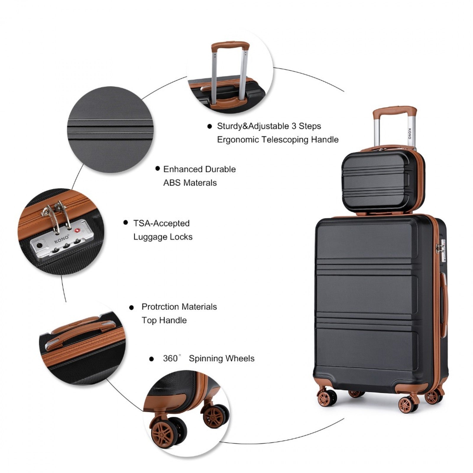 Kono K1871-1L 12/20-inch black and brown luggage set – set view