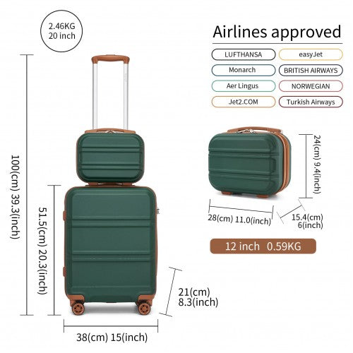 K1871-1L - Kono ABS 4 Wheel Suitcase Set with Vanity Case - Green And Brown