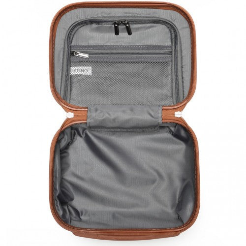 Open tan-brown trim vanity case with gray fabric lining, mesh pocket, and KONO brand label