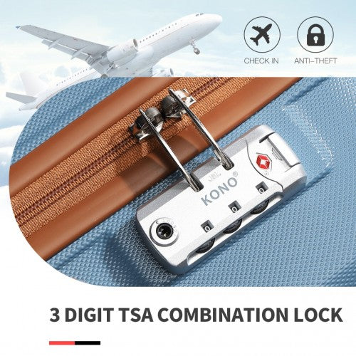 Blue textured suitcase 3-digit TSA lock with anti-theft branding and check-in icon