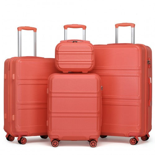 Four-piece coral-orange hard-shell luggage set with matching handles and horizontal paneling