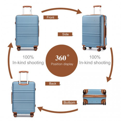 Light blue hard-shell suitcase 360-degree rotational view diagram showing all angles
