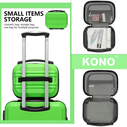 Lime green KONO suitcase set with open vanity case revealing cosmetic storage and gray mesh-lined interior