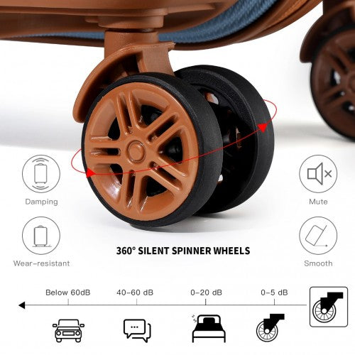 Brown-trimmed suitcase silent spinner wheels with damping technology and low noise rating
