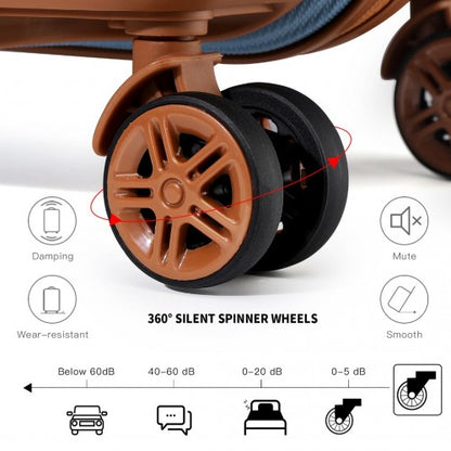 Brown-trimmed suitcase silent spinner wheels with damping technology and low noise rating