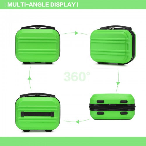Bright lime-green KONO vanity case with black trim and rounded edges displayed in multi-angle view