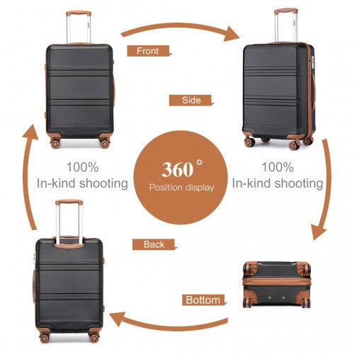 Black hard-shell suitcase with brown trim and horizontal ribbed design shown in circular 360-degree layout