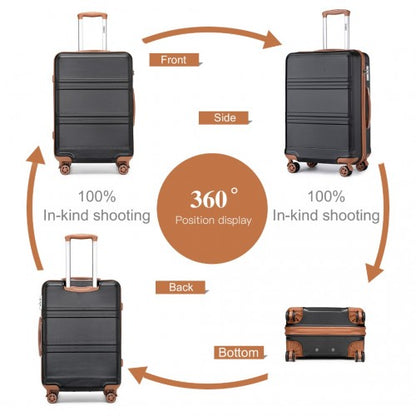 Black hard-shell suitcase with brown trim and horizontal ribbed design shown in circular 360-degree layout