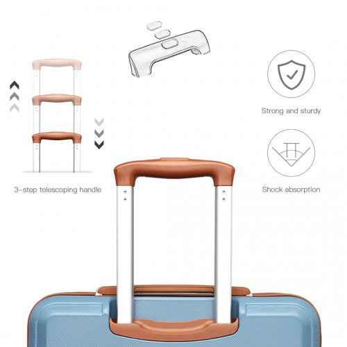 Light blue suitcase 3-step telescoping handle mechanism with ergonomic support icons
