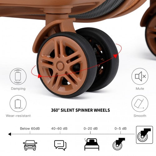 Close-up of brown suitcase dual-wheel 360° silent spinner casters with star-spoke hub design