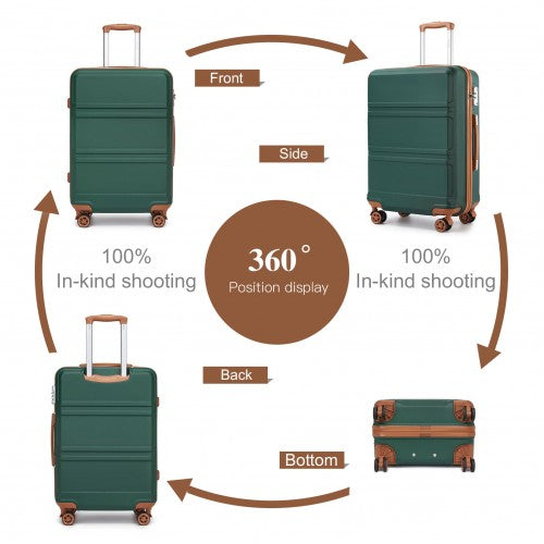 Green Kono hard-shell suitcase 360-degree view showing brown corner protectors and telescopic handle