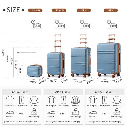 Blue hard-shell suitcase size chart showing 12 to 28-inch options with capacity and weight specs