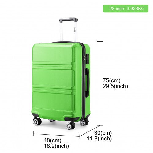 Vibrant green 28-inch Kono hard-shell suitcase with black trim and multi-directional spinner wheels