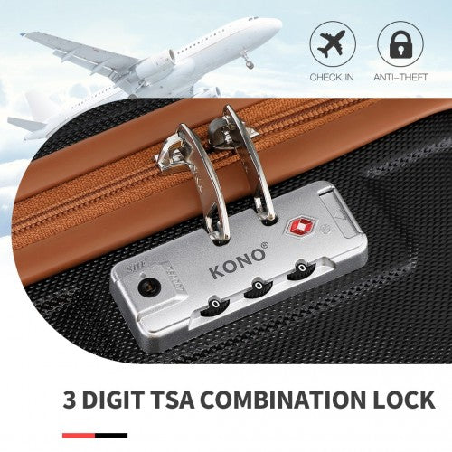 Black KONO hard-shell luggage with silver 3-digit TSA lock red diamond logo and brown zipper track