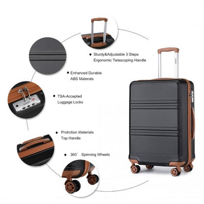 Black ABS suitcase with brown trim, 3-step handle, and TSA-approved combination lock