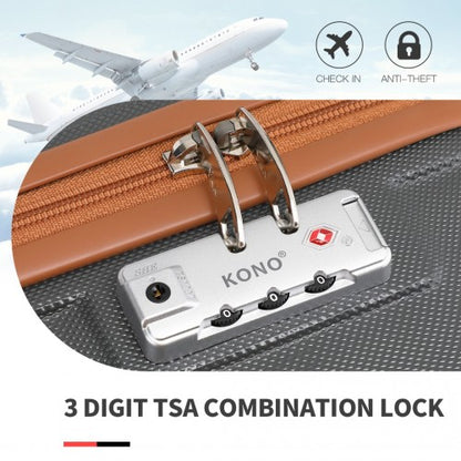 Brown KONO hard-shell suitcase with silver 3-digit TSA combination lock and orange-brown zipper track