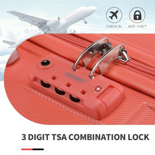 Coral-red KONO ABS hard-shell suitcase with built-in 3-digit TSA combination lock and textured surface