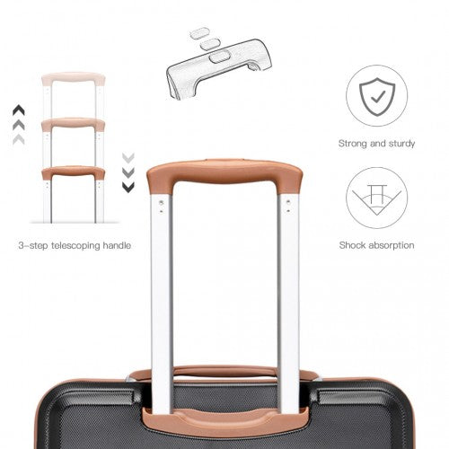 Black suitcase telescoping handle system with silver aluminum shaft three-step extension and brown grip