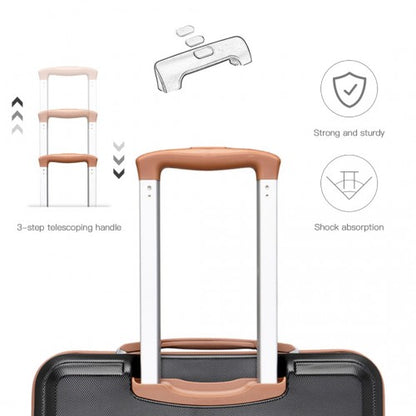 Black suitcase telescoping handle system with silver aluminum shaft three-step extension and brown grip
