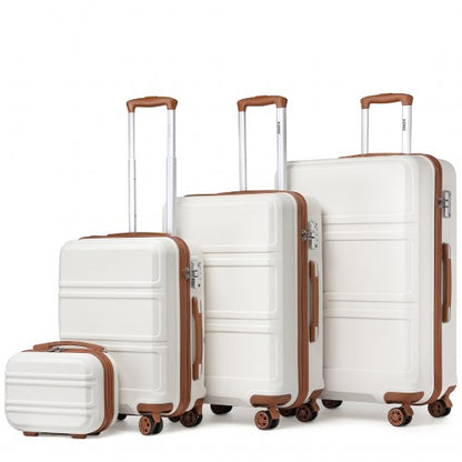 Four-piece white hard-shell suitcase set with brown trim and matching telescopic handles in ascending sizes