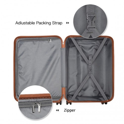 Brown-trimmed suitcase open interior showing adjustable straps and metal zipper teeth