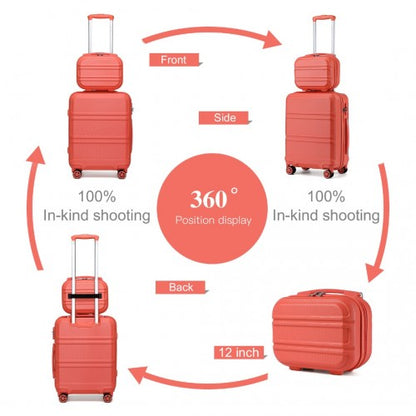 Red-orange Kono 4-piece hard-shell luggage set with modular stacking and compact storage design