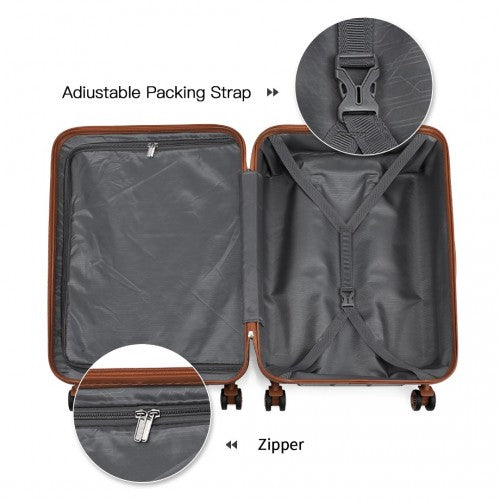 Brown Kono hard-shell suitcase interior featuring adjustable packing strap buckle and silver zipper pull