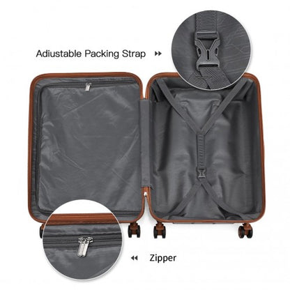 Brown Kono hard-shell suitcase interior featuring adjustable packing strap buckle and silver zipper pull