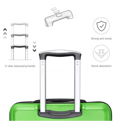 Bright green hard-shell suitcase black telescoping handle with sturdy construction focus