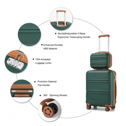 Dark green ABS suitcase set with vanity case, TSA lock, and sturdy 3-step handle