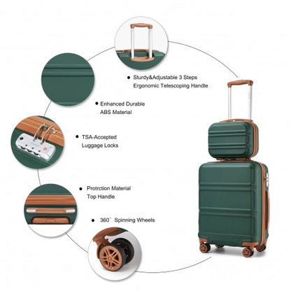 Dark green ABS suitcase set with vanity case, TSA lock, and sturdy 3-step handle