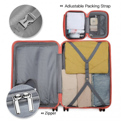 Orange-red suitcase interior with Y-shaped packing strap and dual zipper pull detail