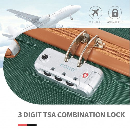 Green textured KONO suitcase with silver 3-digit TSA lock and brown zipper track security detail