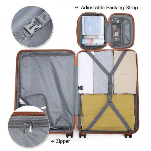 Packed suitcase interior with adjustable straps securing clothes and textured zipper details