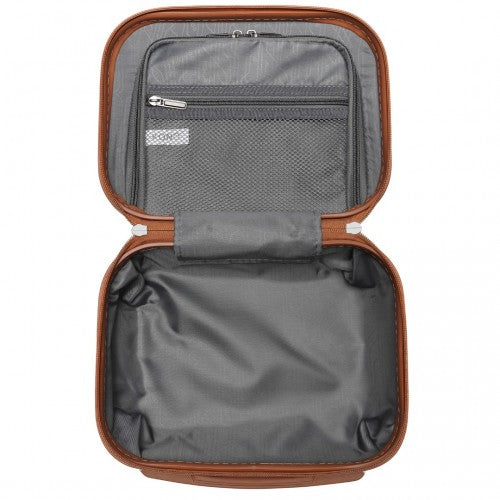 Open brown-trimmed Kono vanity case with gray interior mesh pocket and brand label