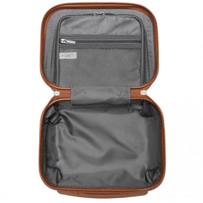 Open brown-trimmed Kono vanity case with gray interior mesh pocket and brand label
