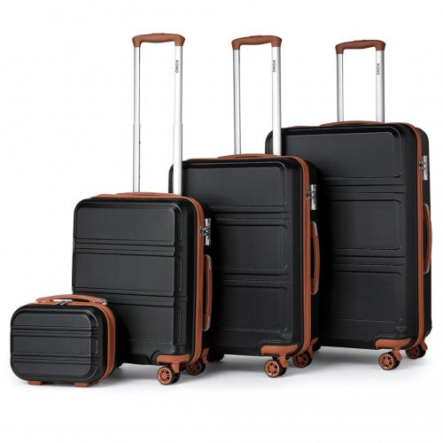 Four-piece black ABS hard-shell suitcase set with sculpted horizontal paneling and compact vanity case