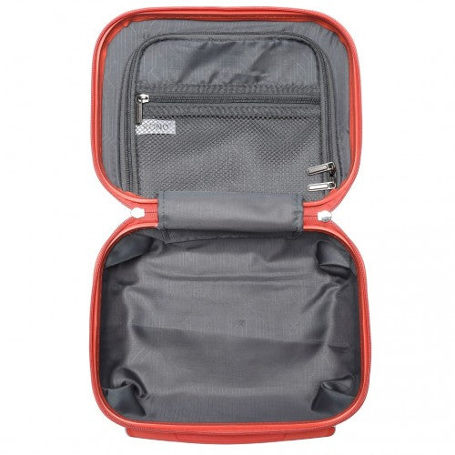 Open orange-red Kono vanity case with padded divider and organizational pockets