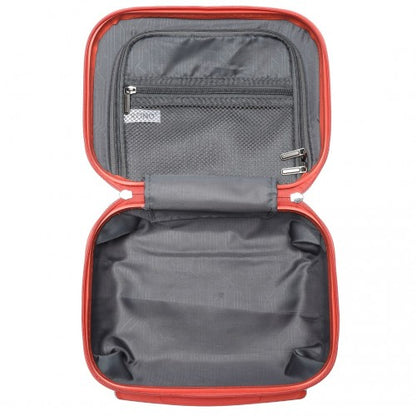 Open orange-red Kono vanity case with padded divider and organizational pockets