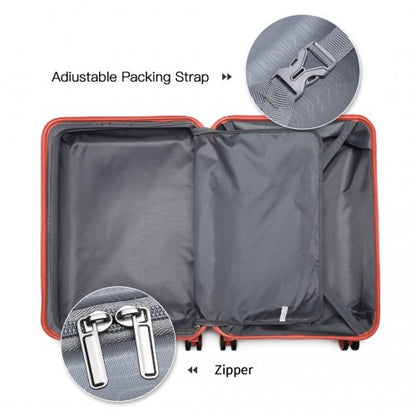 Orange-trimmed suitcase interior layout with zippered pocket and adjustable packing straps