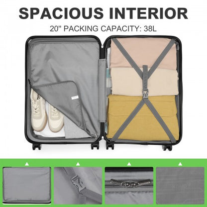 Black 20-inch suitcase interior with X-straps, shoe compartment, and spacious packing layout