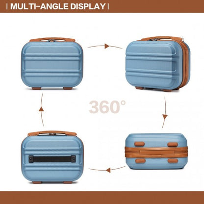 Light blue KONO vanity case with brown leather-like trim and horizontal ribbed texture shown in four views
