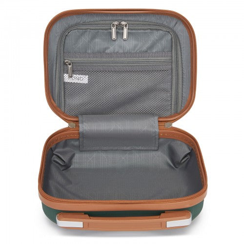 Green vanity case with brown leather-like trim and organized gray fabric interior pockets