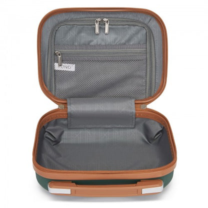 Green vanity case with brown leather-like trim and organized gray fabric interior pockets