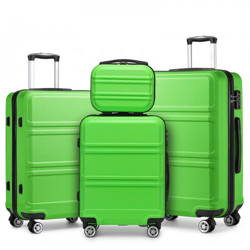 Four-piece green ABS hard-shell suitcase set with horizontal ribbed texture and extended telescopic handles