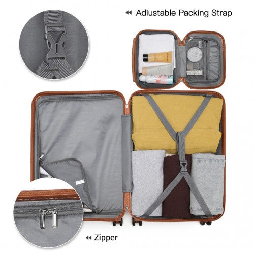Brown Kono hard-shell suitcase packed with clothes and toiletries showing adjustable strap and dual-zipper closure
