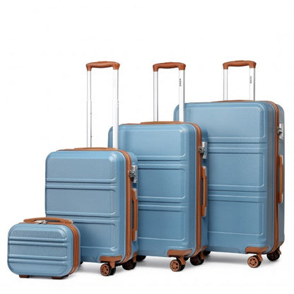 Light blue Kono ABS luggage set with brown trim and graduated sizes on white background